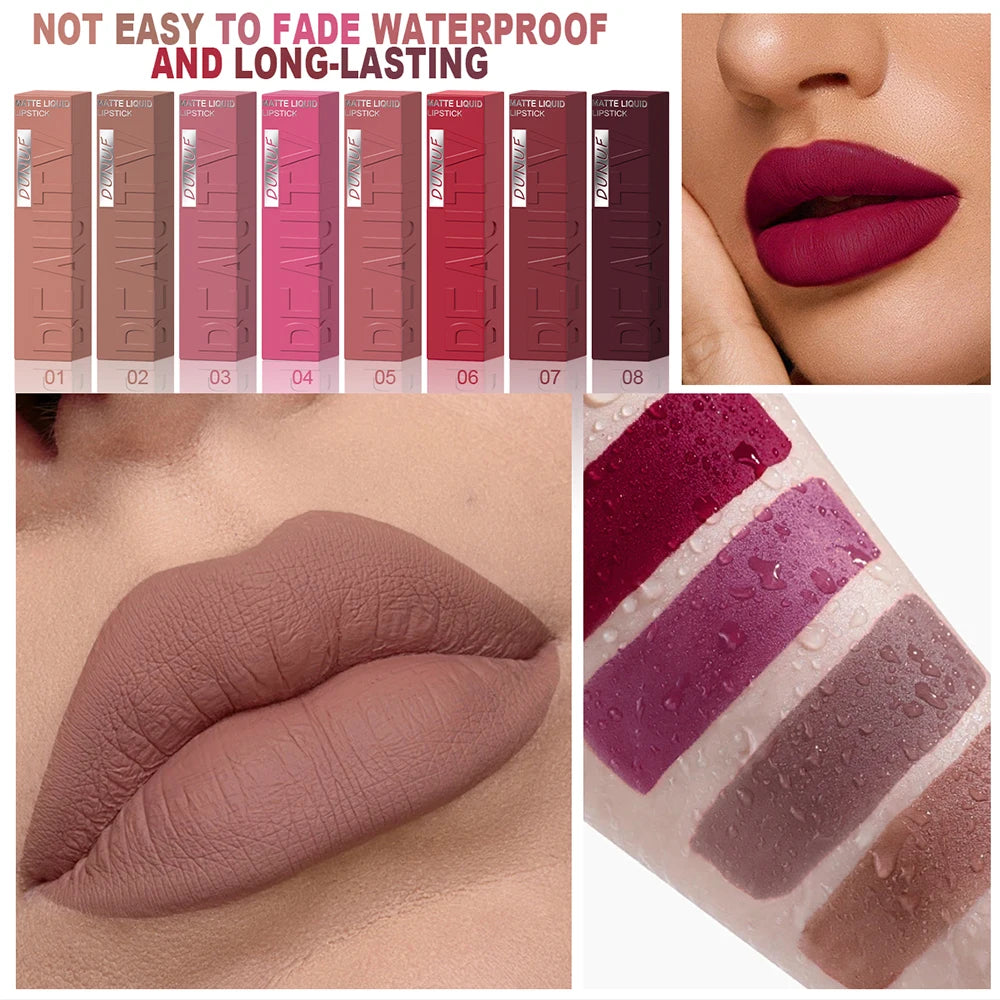 8-Colour Matte Velvet Lip Gloss – Waterproof, Plumping & Long-Lasting
