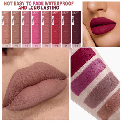 8-Colour Matte Velvet Lip Gloss – Waterproof, Plumping & Long-Lasting