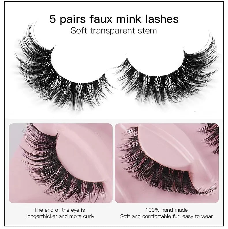 Dramatic Cat Eye False Lashes – 5 Pairs, Faux Mink Volume Strip