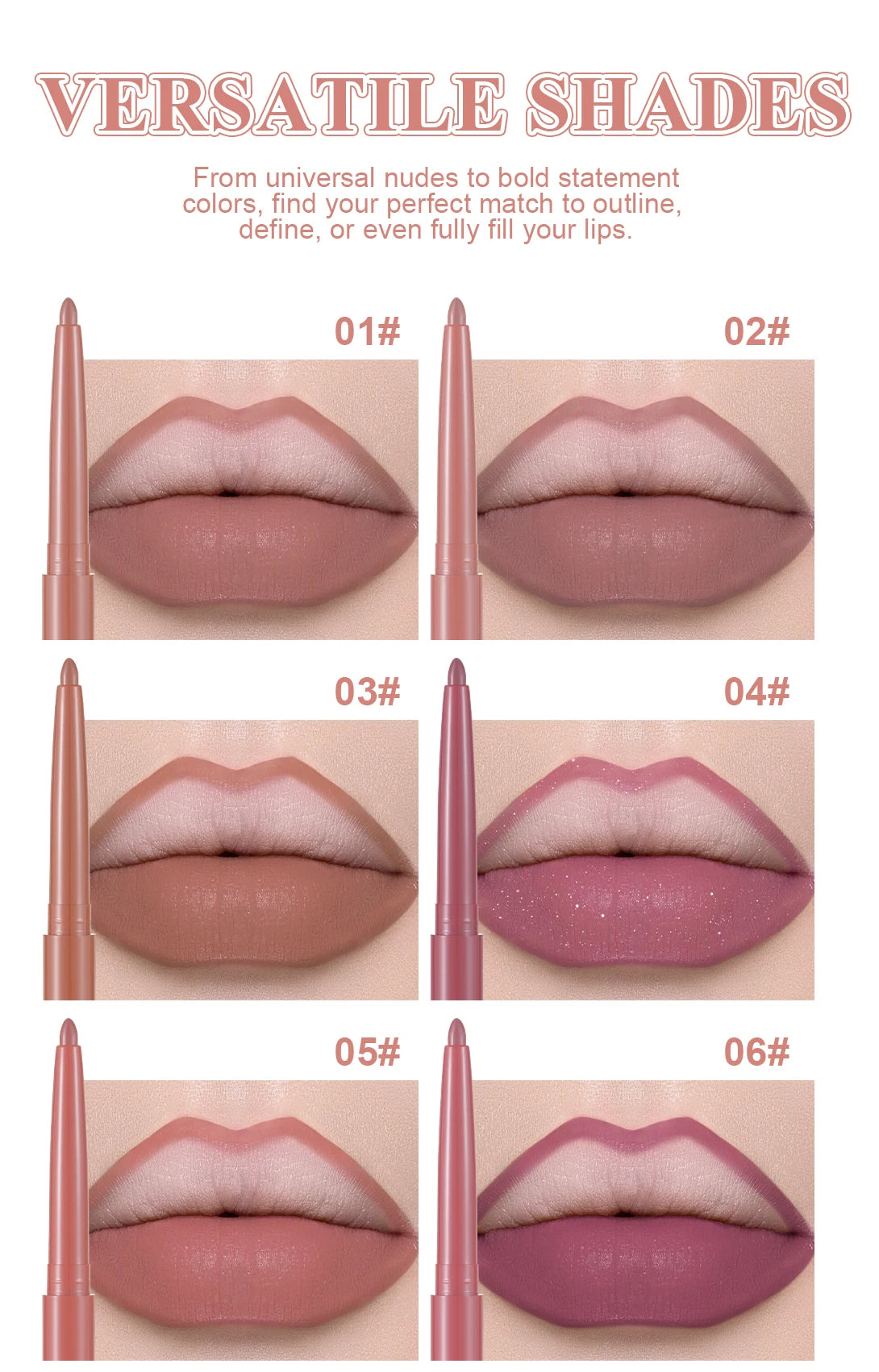 Matte Velvet Lip Liner Pencil – Waterproof, 12 Everyday Shades