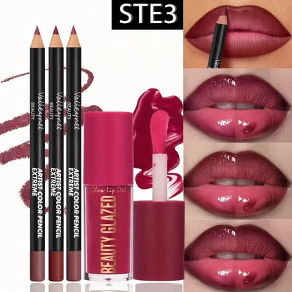 4pcs Lip Kit Set-3pcs Lip Liner+1pc Lip Glaze, Waterproof&Long-Lasting Matte Effect,Versatile for Casual & Formal Occasions,