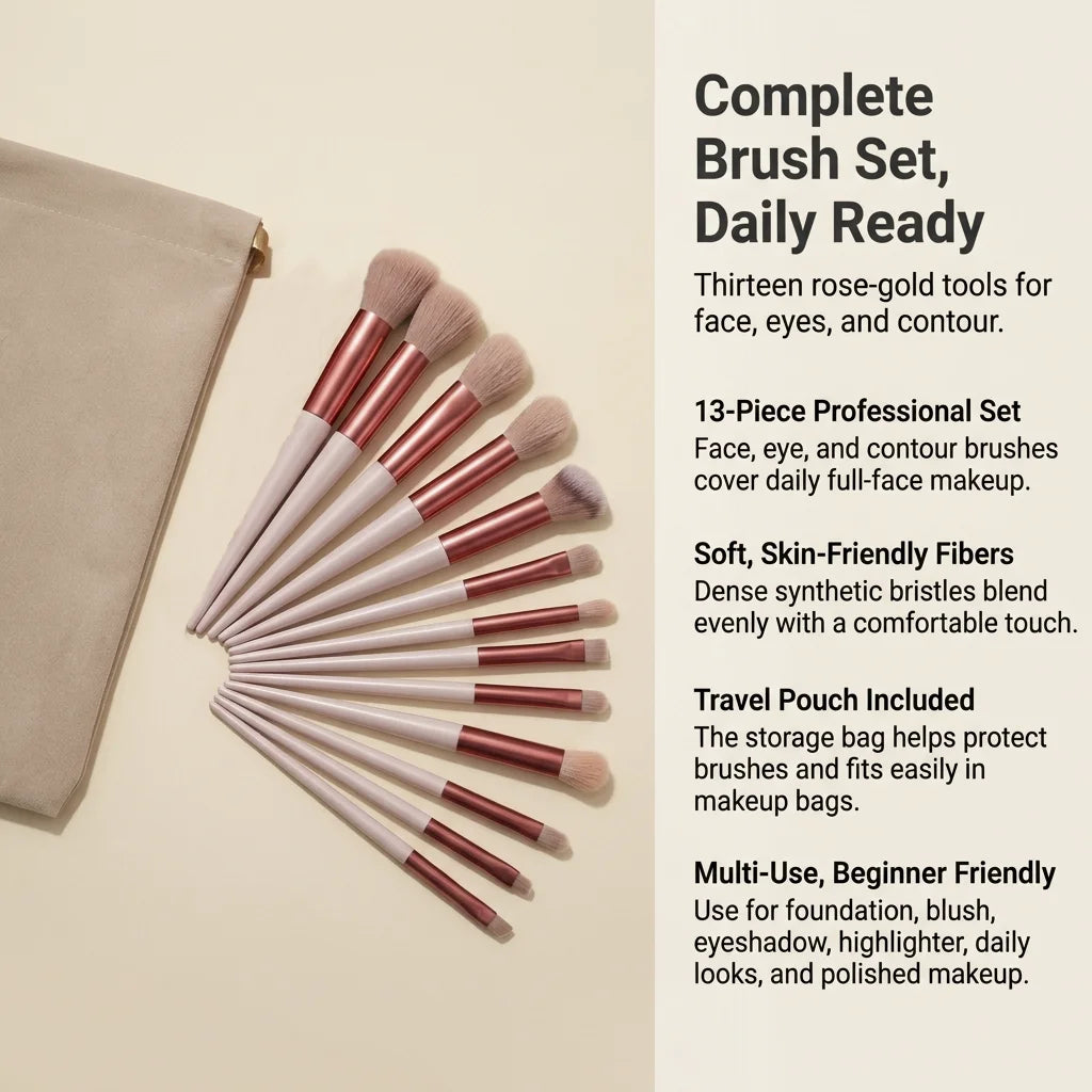 13-Piece Professional Makeup Brush Set with Travel Bag – Soft Bristle Collection