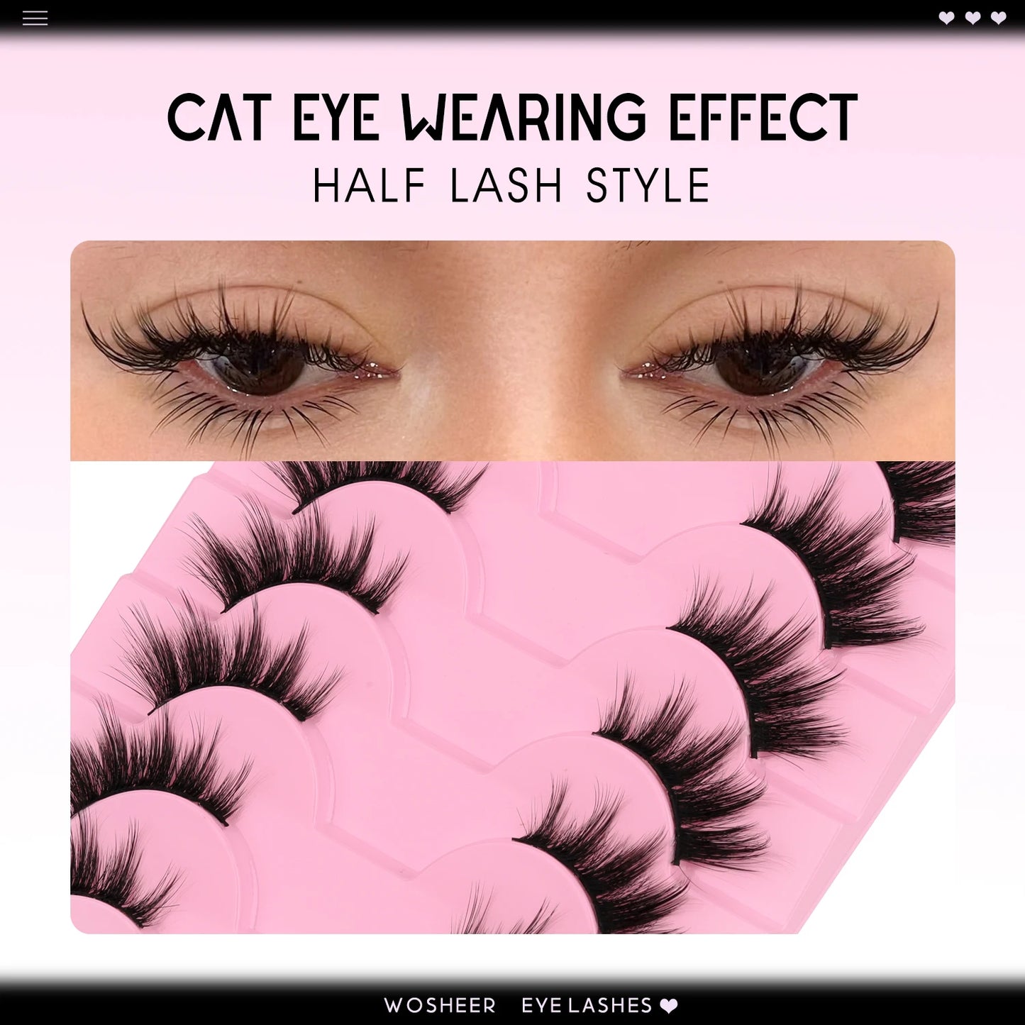 Natural Half Lashes – Wispy Cat Eye Style, Faux Mink Strip